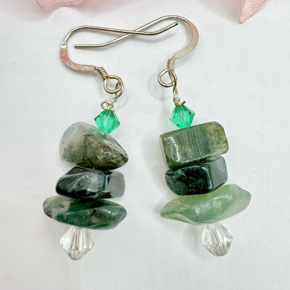 Green Gemstone Nugget Silver Bohemian Dangle Earrings Shades Of Green Tested